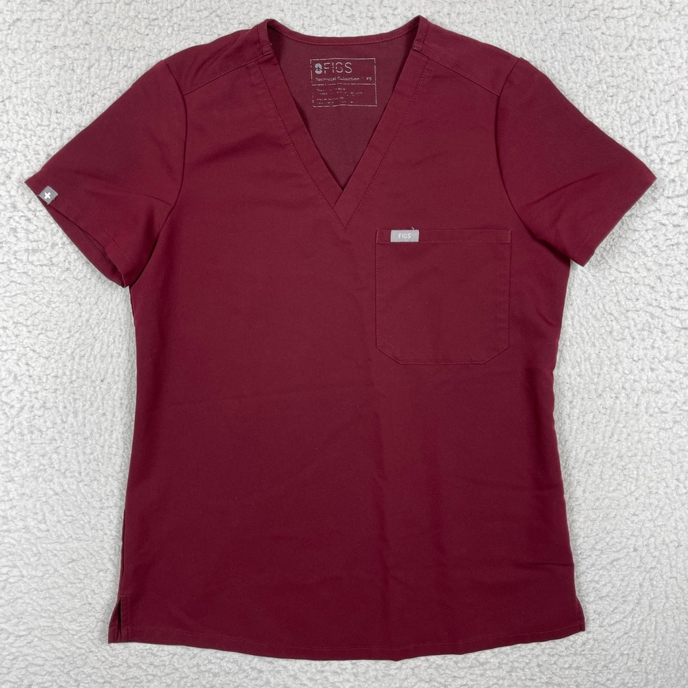 Figs Scrub Top Womens XS Burgundy Catrina V Neck Pocket Medical Nursing Workwear